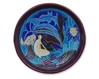 2225 A Longwy 'Tropical Fantasy' charger for Atelier Primavera 1960s With factory stamp to underside 3.5" H x 15" Dia. Estimate: $400 - $600