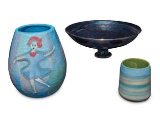 2020 Polia & William Pillin (1909-1992 & 1910-1985) Mid-20th century Three works: A Polia and William Pillin metallic glazed ceramic compote Incised to underside of foot: W + P / Pillin Height 3 1/8 in., diameter 7 7/8 in. A Polia Pillin glazed ceramic cup Depicting a woman and large bird Signed to underside: Pillin Height 3 1/4 in., diameter 2 3/4 in. A Polia Pillin glazed ceramic vase Depicting three women and a horse Signed to underside: Pillin Height 6 3/8 in., diameter 5 1/4 in. 3 pieces Estimate: $400 - $600