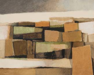 2063 Clinton Adams (1918-2002) "Western Landscape," 1958 Polymer tempera and collage on Masonite Signed lower left: Clinton Adams; titled and dated "1958" on a gallery label affixed verso 24 x 30 in. Estimate: $1,000 - $2,000