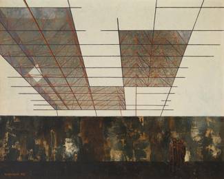 2266 Giuseppe Guerreschi (1929-1985) "Uomini e struttura," 1955 Oil and collage on canvas Signed and dated lower left: Guerreschi 955; titled in Italian and dated again verso; signed, titled, and dated again in ink on a partial exhibition label affixed verso 31 x 39 in. Estimate: $2,500 - $3,500