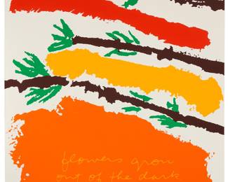 2006 Corita (Sister Mary) Kent (1918-1986) "Flowers Grow," one plate from the "Moments" series, 1977 Screenprint in colors on wove paper From the second edition of 200 Signed and numbered in pencil lower right and lower left, respectively: Corita / ed II 200; inscribed in pencil "77-2," verso Image/Sheet: 16 1/4 x 11 5/8 in. Estimate: $200 - $300