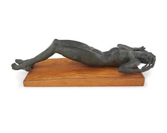 2044 Sir Jacob Epstein (1880-1959) "Nude Study I (Marie Tracey)," 1943-45 Patinated bronze on associated wood base Unmarked Height of bronze 4 3/8 in., length 22 1/2 in., depth 10 1/8 in. Estimate: $1,000 - $1,500