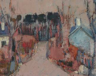 2296 Gabriel Godard (1933-2023) "Chemain à Bouchemaine (Anjou)," 1963 Oil on canvas Signed and dated lower left: G. Godard 63; titled in green paint verso 13 1/8 x 21 7/8 in. Estimate: $2,000 - $3,000
