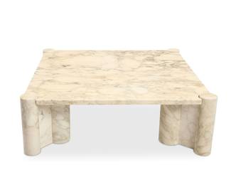 2154 Gae Aulenti (1927-2012) A 'Jumbo' Arabescato marble coffee table for Knoll, third quarter 20th century Designed 1965 The square top raised on four double-cylinder supports Unmarked 5 pieces Height of each support 14 1/4 in., width 14 in., depth 5 5/8 in.; tabletop height 1 1/4 in., width 43 3/8 in., depth 43 3/8 in. Estimate: $6,000 - $8,000