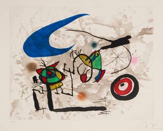 2192 Joan Miró (1893-1983) "Pygmees Sous la Lune," 1974 Etching and aquatint in colors on wove paper An hors commerce impression, aside from the edition of 50 Signed and inscribed "H.C." in the lower margin: Miró; Maeght, Paris, France, prntr. and pub. Plate: 21 1/8 x 26 3/4 in.; Sight: 26 x 30 1/2 in. Estimate: $5,000 - $7,000