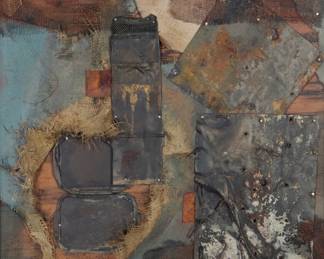 2062 Clare Ernst Struble (1927-2003) "Winterset Re-Visited" Mixed media assemblage on panel Signed and titled in pencil lower left: Clare Ernst Struble; titled again on a typewritten label affixed verso 22 x 15 1/2 in. Estimate: $600 - $800