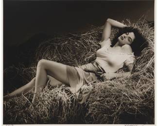 2231 George Hurrell (1904-1992) "Jane Russell," one plate from "Portfolio II," 1930-1946 Gelatin silver print on Agfa Portriga Rapid Double Weight paper #118 Edition 53/190, printed 1979 Signed and numbered in the lower margin: Hurrell/; George Hurell with his dedicated associates; prntr.; Creative Art Images, Inc., Los Angeles, CA, pub. Image: 19 3/8 x 23 1/2 in.; Sheet: 20 1/8 x 24 in. Estimate: $1,000 - $2,000