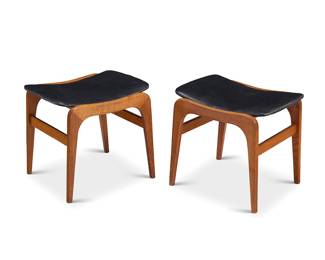 2324 A pair of Modern teak and leather stools Mid-20th century Each with leather-wrapped seat, raised on U-form supports joined by bar stretchers With applied paper factory labels to underside: S. BROWN CO. / SAN FRANCISCO 2 pieces Height of each 16 1/2 in., width 18 1/4 in., depth 15 in. Estimate: $300 - $500