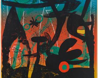2144 Joan Miró (1893-1983) "Mannequin Parade in Bahia," 1969 Lithograph in colors on Arches paper Edition: 24/75 Signed and numbered in pencil in the lower margin, Miró, possibly in another hand; Maeght, Paris, France, prntr./pub. Image: 47 1/8 x 31 5/8 in.; Sheet: 48 7/8 x 37 1/4 in. Estimate: $10,000 - $15,000