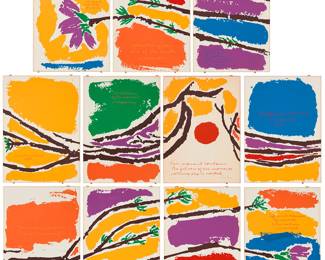 2003 Corita (Sister Mary) Kent (1918-1986) Eleven plates from the "Moments" series, 1977 The set of eleven screenprints in colors on wove paper Each from the edition of 200 Each signed and inscribed "ed 200" in ink somewhere within the image or in the blank of the image: Corita; each with the corresponding catalog number in pencil, 77-1 through 77-11, verso; lacking the signed introductory page and the accompanying book of the same images shown in a smaller scale Image/Sheet of each: 16 1/8 x 11 1/2 in. Estimate: $2,000 - $4,000