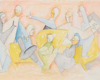 2108 Beatrice Wood (1893-1998) "Table Talk," 1991 Watercolor, colored pencil, and pencil on paper Signed, titled, and dated in pencil, lower right: Beato 1991 Sight: 13 1/4 x 19 3/4 in. Estimate: $1,000 - $1,500
