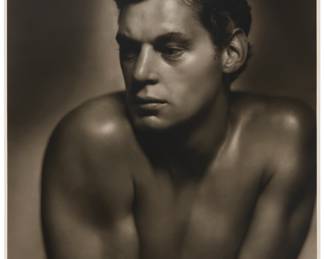 2229 George Hurrell (1904-1992) "Johnny Weissmuller," one plate from "Portfolio II," 1930-1946 Gelatin silver print on Agfa Portriga Rapid Double Weight paper #118 Edition 53/190, printed 1979 Signed and numbered in the lower margin: Hurrell/; George Hurell with his dedicated associates; prntr.; Creative Art Images, Inc., Los Angeles, CA, pub. Image: 23 1/2 x 19 5/8 in.; 24 3/8 x 20 in. Estimate: $1,000 - $2,000