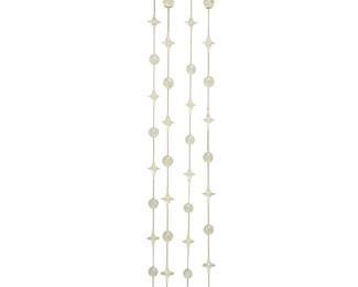 2168 A Modern brass and acrylic hanging fixture Last quarter 20th century Unmarked The brass ceiling plate issuing four strands of alternating spheres and atomic-style forms Escutcheon diameter 14 1/4 in.; each strand length 79 in.; overall height 82 in. approximately Estimate: $2,000 - $3,000