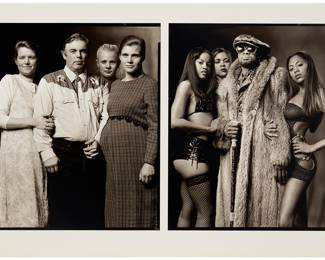 2335 Mark Laita (b. 1960) "Polygamist with Wives / Pimp with Prostitutes," diptych from the "Created Equal" series, 2003-2004 Archival pigment print on paper mounted to acrylic sheeting Edition: 9/20 Signed, titled, dated, numbered, artist's stamp, and with "©" verso: Mark Laita / 2003/2004 Each image: 10 1/4 x 16 in.; Overall sheet: 24 3/4 x 36 3/4 in. Estimate: $800 - $1,200