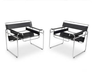 2087 After Marcel Breuer (1902-1981) A pair of armchairs after the 'Wassily' armchairs for Knoll, late 20th century Designed 1925 Each tubular chromed metal frame with black leather sling seat, back strapping, and armrest strapping Unmarked 2 pieces Height of each 28 3/4 in., width 31 in., depth 27 1/4 in. Estimate: $600 - $800
