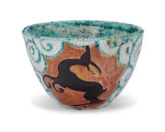 2224 Édouard Cazaux (1889-1974) A glazed earthenware bowl, mid-20th century Incised with swirling motifs, painted with three registers of deer Signed to underside: CAZAUX Height 3 5/8 in., diameter 5 1/2 in. Estimate: $1,000 - $1,500