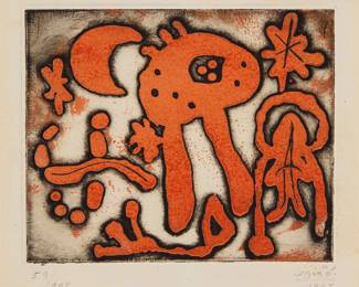 2254 Joan Miró (1893-1983) Untitled, one plate from the "The Prints of Joan Miró" series, 1947 Etching and aquatint in colors on wove paper Edition: 59/100 (there was also an edition of 50 printed in black and hand-colored) Signed, dated, and numbered in pencil, in the lower margin: Miró / 1947; Atelier 17, New York, NY, prntr.; Curt Valentin, New York, NY, pub. Plate: 5 x 8 in.; Sheet: 11 1/4 x 8 1/2 in. Estimate: $1,000 - $1,500