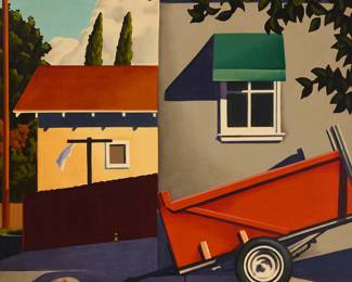 2219 R. Kenton Nelson (b. 1954) "The Scarlet Moving Van" Oil on Masonite Signed lower right: R. Kenton Nelson; titled on a label affixed to the frame's backing paper 24 x 24 in. Estimate: $8,000 - $12,000