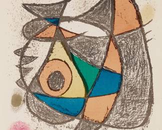 2194 Joan Miró (1893-1983) Poster for the exhibition "Peintures, gouaches, dessins," 1972 Lithograph in colors on wove paper Edition: 117/150, from the edition before lettering Signed and numbered in pencil in the lower margin: Miró; Arte Adrien Maeght, Paris, France, prntr.; Galerie Maeght, Zurich, Switzerland, pub. Sight: 28 x 13 in.; Image/Sheet: 30 3/8 x 14 7/8 in. Estimate: $2,000 - $3,000