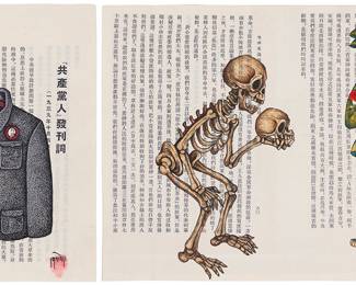 2077 Gade (b. 1971) Two works: Chinese Communist Revolution political drawings Each: Ink drawings on pages of text Each signed in Tibetan and with the artist's fingerprint in pigment, lower right Sheet of larger: 7 x 8 1/2 in.; Sheet of smaller: 7 x 4 3/4 in. Estimate: $600 - $900