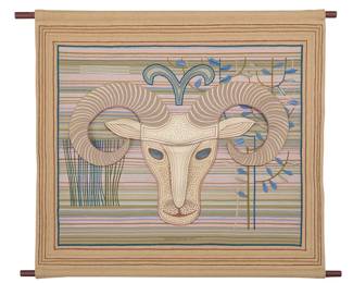 2115 Emile Norman (1918-2009) Ram, 1990 An embroidered and appliquéd textile hanging featuring a dimensional ram's head with movable snout and horns, with hand-embroidered signature and date 29 1/2 x 31 1/2 in.; dowels length 35 1/2 in. Estimate: $2,000 - $3,000