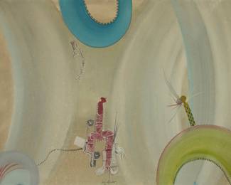 2262 Sergio Dangelo (1932-2022) "Nabis Forfait," 1963 Oil on canvas Signed lower center: S. Dangelo; signed "Sergio Dangelo," titled, and dated "1963," all on the stretcher; signed and titled again in ink on a gallery label affixed to the stretcher 27 1/4 x 39 in. Estimate: $2,000 - $3,000