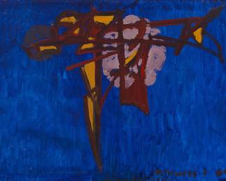 2059 Robert Kaess (1923-1991) "So Much Depends," 1964 Oil on canvas Signed and dated lower right: R. Kaess | 64; titled on the canvas overlap 30 x 42 in. Estimate: $500 - $700