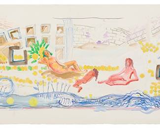 2314 Charles Garabedian (1923-2016) and Brian Murphy (active 20th century) Surrealist landscape, circa 1992 Watercolor, gouache, pencil, and ink on wove paper With overlapping signatures from both artist's in pencil lower right: C. Garabedian / B. Murphy Image: 14 x 58 in.; Sheet: 15 7/8 x 61 in. Estimate: $800 - $1,200