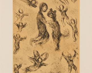 2150 Marc Chagall (1887-1985) Plate 6 from "Psaumes de David," 1980 Etching and aquatint in black and ochre on wove paper Edition: 20/40 (from the deluxe edition of 40 'hors-texte', aside from the bound edition of 160) Signed and numbered in pencil in the lower margin: Marc Chagall; Gerald Cramer, Geneva, pub. Plate: 8 1/4 x 5 3/4 in.; Sheet: 14 7/8 x 11 1/4 in. Estimate: $1,000 - $2,000