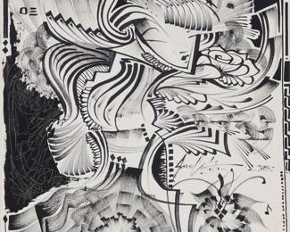 2340 Jona Cerwinske (20th/21st Century) "Blossoming," 2019 Ink on canvas Signed and dated near the center of the right edge: Jona Cerwinske XIX; titled upper left 62 x 34 1/4 in. Estimate: $3,000 - $5,000