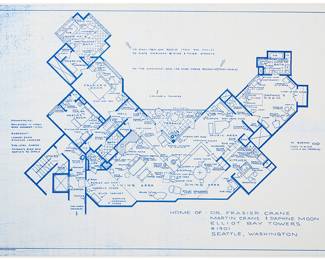 2024 Mark Bennett (b. 1956) "Home of Dr. Frasier Crane," 1998 Lithograph in blue on wove paper A Nopal proof, aside from the edition of 10 (there were also 5 artist's proofs) Signed with initials, dated, and inscribed "Nopal Proof," in pencil in the lower right of the image: MB 1998; dated 2/25/98 as part of the image; El Nopal Press, Los Angeles, CA, prntr., with their ink stamp and pencil work number, N70MB98, verso; Augen Gallery, Portland, OR, pub. Image: 32 3/8 x 48 1/4 in.; Sheet: 32 7/8 x 48 5/8 in. Estimate: $800 - $1,200