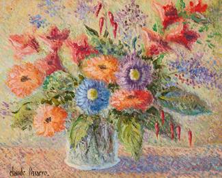 2275 Hughes Claude Pissarro (b. 1935) "Bouquet à la fleur de la passion" Oil on canvas Signed lower left: Claude Pissarro; titled verso 15 1/4 x 18 1/4 in. Estimate: $2,500 - $3,500