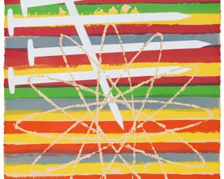 2047 James Rosenquist (1933-2017) "Time Stream Prix Nobel," from "Hommage aux Prix Nobel" (The Nobel Prize Portfolio), 1975 Lithograph and screenprint in colors on white Arches cover paper Artist's proof 20/25, aside from the edition of 100 Signed, titled, dated, and inscribed "20/25 AP" in pencil along the lower sheet edge: James Rosenquist 1975; Topaz Editions, Inc., Tampa, FL, prntr.; Prix á Nobel, Sweden, pub. Image/Sheet: 30 x 22 1/4 in. Estimate: $800 - $1,200