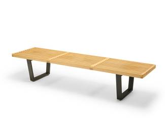 2247 After George Nelson (1908-1986) A bench after the 'Slat Bench' for Herman Miller, late 20th century Wood top with black enameled wood supports With applied label: Alphaville Design Height 14 1/2 in., width 72 1/4 in., depth 18 1/2 in. Estimate: $400 - $600