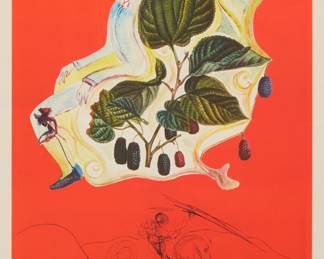 2256 Salvador Dalí (1904-1989) "Mures Sauvages" (Blackberries), one plate from "Fruits," 1970 Photolithograph in colors with embossing on BFK Rives paper Edition: 200/200 Appears to bear signature and edition numbering in pencil, in another hand, in the lower margin Image: 22 3/8 x 14 5/8 in.; Sheet: 29 3/8 x 22 in. Estimate: $800 - $1,200