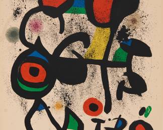 2193 Joan Miró (1893-1983) Poster for the exhibition "Bronzes," Hayward Gallery, London, 1972 Lithograph printed in colors on wove paper Edition: 95/150, from the edition before lettering Signed and numbered in pencil in the lower margin: Miró; Arte Adrien Maeght, Paris, France, prntr.; Arts Council, London, England, pub. Image: 31 x 23 1/4 in.; Sight: 33 1/2 x 23 1/2 in. Estimate: $2,000 - $3,000