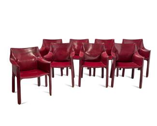 2153 Mario Bellini (b. 1935) A set of eight 'CAB 413' chairs for Cassina, late 20th century Designed 1977 Each Bordeaux leather and steel and plastic frame With factory mark in the plastic mold to underside and embossed in the leather: D-11 CASSINA 8 pieces Height of each 32 1/4 in., width 22 1/2 in.; depth 21 in. Estimate: $4,000 - $6,000