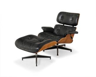 2088 Charles and Ray Eames (1907-1978 and 1912-1988) A lounge chair and ottoman for Herman Miller, 1970-1984 Designed 1956 The chair with molded plywood and powder-coated and brushed aluminum frame, rubber shock mounts, and black leather tufted upholstery, en suite with matching ottoman The ottoman with Herman Miller tag applied to underside; paper upholstery label to seat underside detached and retained with the lot 2 pieces Chair height 32 1/4 in., width 33 1/2 in., depth 35 1/2 in.; ottoman height 17 1/2 in., width 25 3/4 in., depth 22 1/2 in. Estimate: $2,000 - $4,000