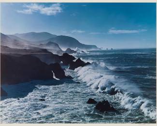 2348 Cole Weston (1919-2023) "Surf and Headlands," 1958 Dye transfer print in colors on paper mounted to board, as issued From the edition of unknown size Signed and dated in pencil on the mount, lower right: Cole Weston, 1958; titled on a frame plaque affixed to the verso of the frame's glass backing Image/Sheet: 15 1/4 x 19 3/4 in. Estimate: $700 - $900