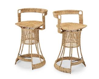 2325 Roger Coster (active 20th Century) A pair of Modern rush and wrought metal barstools, 1970s With fixed seats One with applied metal label: CREATION ROGER COSTER 2 pieces Height of each 36 1/2 in., width 20 1/2 in., depth 22 in. Estimate: $400 - $600