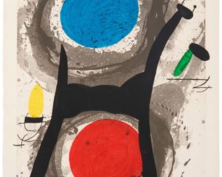 2190 Joan Miró (1893-1983) "L'Adorateur du soleil," 1969 Etching, aquatint and carborundrum in colors on Arches paper An hors commerce impression (aside from the edition of 75) Signed and inscribed "HC" in pencil near the lower right and left corners, respectively: Miró; Morsang, Paris, France, prntr.; Maeght, Paris, France, pub. Image/Sheet: 41 5/8 x 26 3/4 in. Estimate: $10,000 - $15,000