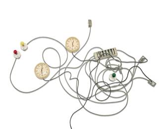 2113 Matthew McCaslin (b. 1957) Untitled (The Looker Commission) Mixed media including clocks, light fixtures, switches, and outlets Unmarked Assembled height 13 in., width 61 in., depth 89 in., dimensions variable Estimate: $3,000 - $5,000