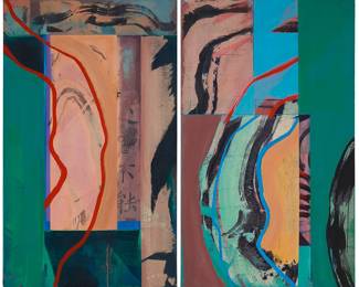 2297 Brock Klein (20th Century) "Every Day's A Holiday" (Diptych), 1986 Each: Mixed media including acrylic, ink, and paper collage on canvas Each signed and dated in pencil verso: Klein / 1986; titled on the left panel, verso Each panel: 60 x 36 in. Estimate: $500 - $700
