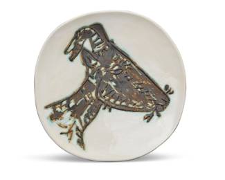 2198 Pablo Picasso (1881-1973) "Tête de chèvre de profil," conceived 1950 Glazed earthenware and engobe From the edition of 200 Impressed to underside: MADOURA PLEIN FEU / EMPREINTE ORIGINALE DE PICASSO / EDITION PICASSO Height 1 1/8 in., width 10 1/8 in., depth 9 3/4 in. Estimate: $4,000 - $6,000