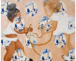 2105 Kim Dingle (b. 1951) "Crazy's Pig (girls with dog)," 1997 Oil on panel Signed and dated in pencil, verso: Kim Dingle / 19*7; titled and dated from a gallery label affixed verso 60 1/2 x 48 in. Estimate: $4,000 - $6,000