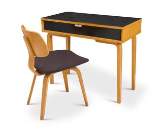 2037 Joe Atkinson (20th Century) A desk and chair set for Thonet, mid-20th century The desk with laminate top and single drawer front, the chair with black fabric upholstered seat cushion Factory label applied to drawer interior 2 pieces Height of desk 30 in., width 36 in., depth 18 in.; height of chair 31 in., width 19 in., depth 21 in. Estimate: $400 - $600