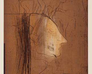 2162 Nathan Oliveira (1928-2010) "Profile with Baboons," 1994 Drypoint and aquatint in colors on wove paper Edition: 35/50 Signed, dated, and numbered in pencil in the lower margin: N. Oliveira 94; Daria Sywulak for Crown Point Press, prntr. and pub., with their blindstamps in the lower right margin corner Plate: 29 1/2 x 23 5/8 in.; Sheet: 40 x 32 5/8 in. Estimate: $1,000 - $2,000