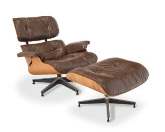 2007 Charles and Ray Eames (1907-1978 and 1912-1988) A lounge chair and ottoman for Herman Miller, 1978 Designed 1956 The chair with molded plywood and powder-coated and brushed aluminum frame, rubber shock mounts, and brown leather tufted upholstery, en suite with matching ottoman Each with Herman Miller tag and dated paper upholstery label applied to underside 2 pieces Chair height 30 1/4 in., width 33 1/4 in., depth 36 1/4 in.; ottoman height 17 1/2 in., width 26 in., depth 23 in. Estimate: $2,000 - $4,000