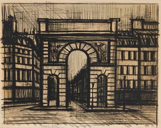 2252 Bernard Buffet (1928-1999) "La Porte Saint-Martin," from the "Paris" portfolio, 1962 Lithograph in colors on Rives wove paper An artist's proof of 30, aside from the numbered edition of 150 Signed and inscribed "E.A." in pencil in the lower margin: Bernard Buffet; Mourlot, Paris, France, prntr.; Alain Mazo and Co., Paris, France, pub. Image: 21 3/8 x 26 7/8 in.; Sheet: 21 7/8 x 28 3/4 in. Estimate: $1,000 - $1,500