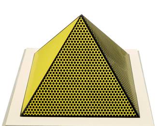 2089 Roy Lichtenstein (1923-1997) "Pyramid," 1968 Screenprint in colors on lightweight board folded into a three-dimensional pyramid, in acrylic case Edition unknown, similar examples are from the intended edition of 300 (of which the artist's online catalogue raisonne notes that only about 50-100 of the examples were actually released) Signature and number unknown, but other similar examples are in pencil on the underside or interior; Charles Cardinale in collaboration with Fine Creations, Inc., New York, NY, prntr.; Roy Lichtenstein, pub. Height of pyramid 14 1/2 in., width 19 3/4 in., depth 19 3/4 in.; height of case 16 1/2 in., width 24 1/2 in., depth 16 1/2 in.; height of plinth 12 3/4 in., width 25 1/4 in., depth 25 1/4 in. Estimate: $3,000 - $5,000